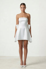 Ivory Strapless A - Line Satin Graduation Dress with Bow - KissProm
