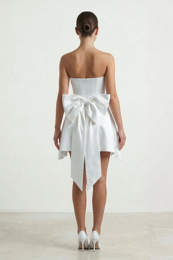 Ivory Strapless A-Line Satin Graduation Dress with Bow