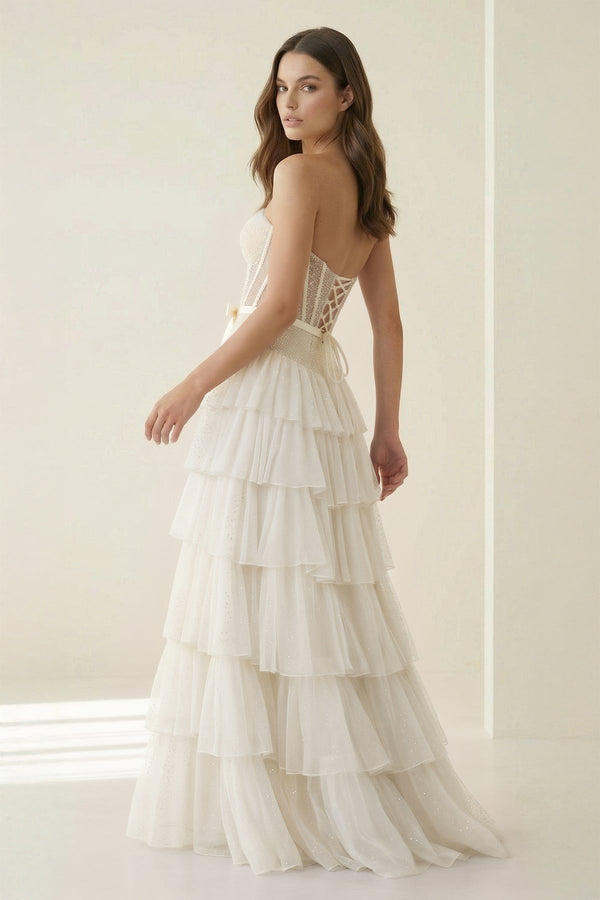 Ivory Strapless A Line Tulle Ruffled Long Party Dress With Beading (2) | KISSPROM