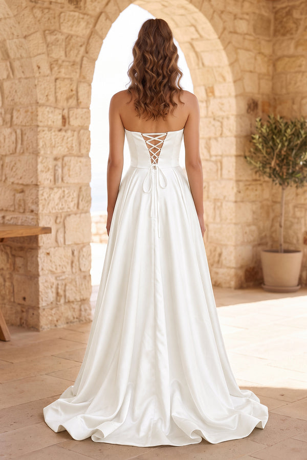 Ivory Strapless Satin Long Prom Dress With High Split (2) | KISSPROM