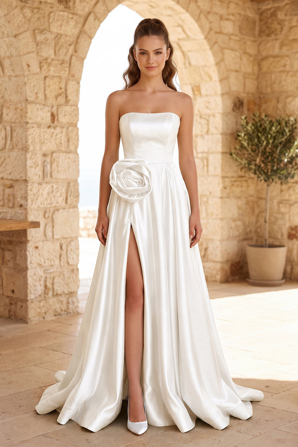 Ivory Strapless Satin Long Prom Dress With High Split | KISSPROM