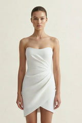 Ivory Strapless Satin Sheath Ruched Graduation Dress - KissProm