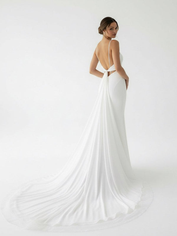 Ivory Sweetheart Backless Mermaid Long Wedding Dress with Attached Train - KissProm