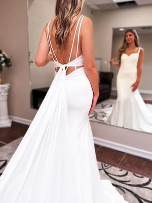 Ivory Sweetheart Backless Mermaid Long Wedding Dress with Attached Train - KissProm
