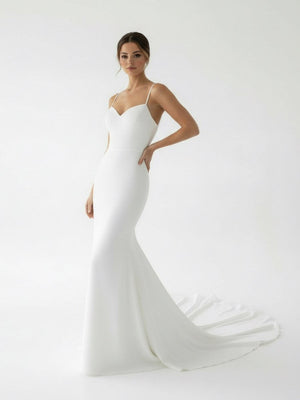 Ivory Sweetheart Backless Mermaid Long Wedding Dress with Attached Train - KissProm