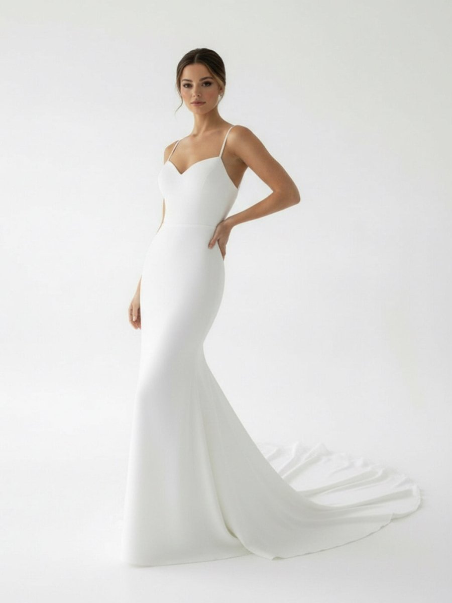 Ivory Sweetheart Backless Mermaid Long Wedding Dress with Attached Train - KissProm