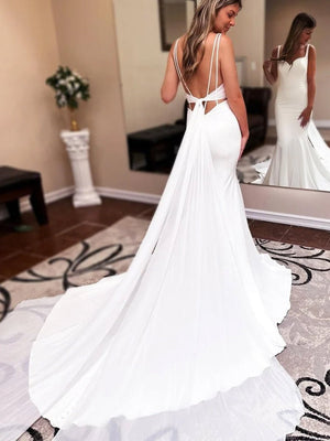 Ivory Sweetheart Backless Mermaid Long Wedding Dress with Attached Train - KissProm