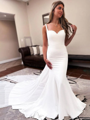 Ivory Sweetheart Backless Mermaid Long Wedding Dress with Attached Train - KissProm