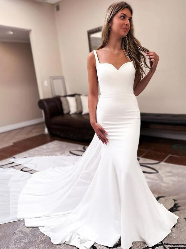 Ivory Sweetheart Backless Mermaid Long Wedding Dress with Attached Train - KissProm