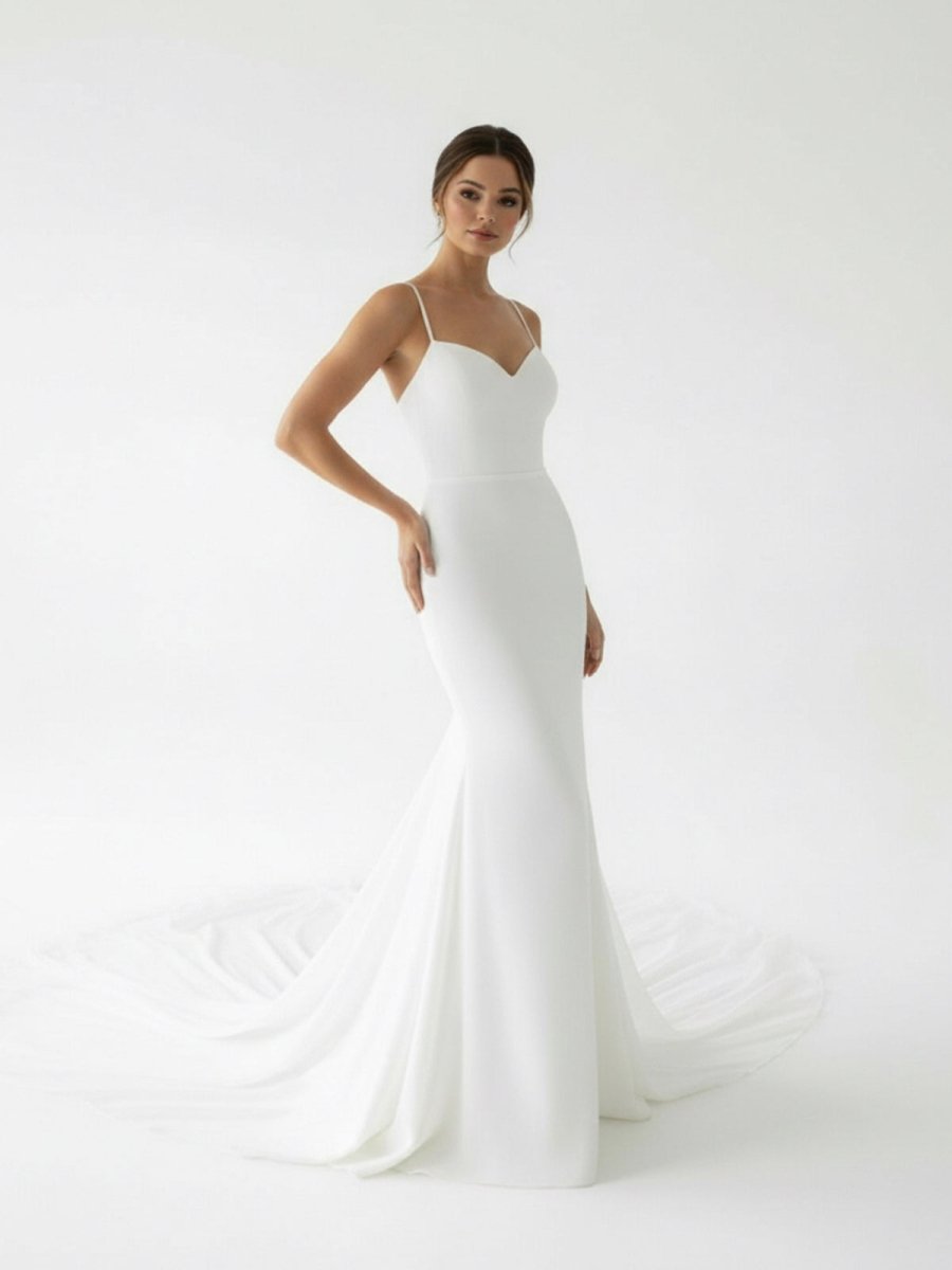 Ivory Sweetheart Backless Mermaid Long Wedding Dress with Attached Train - KissProm