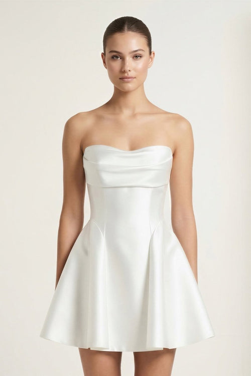 KissProm Ivory Taffeta A-Line Strapless Graduation Dress, Ivory / 8
