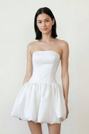 Ivory Taffeta Mini Graduation Dress With Bubble Hem - KissProm