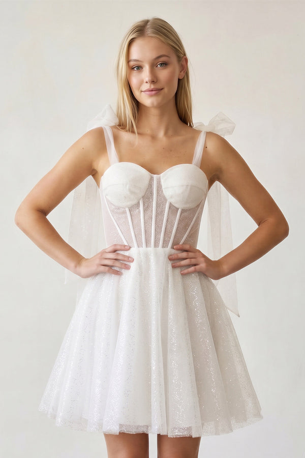 KissProm Tie Shoulder White Spraying A-Line Short Party Dress, Ivory / 0