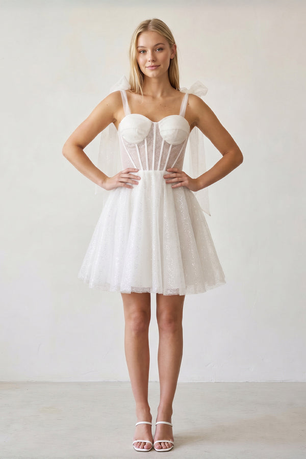 KissProm Tie Shoulder White Spraying A-Line Short Party Dress, Ivory / 0