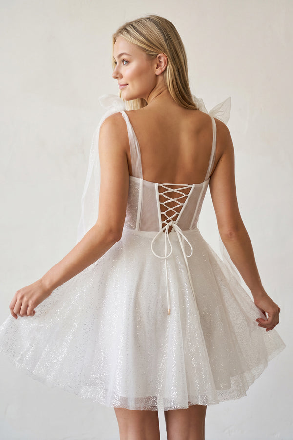 Ivory Tie Shoulder White Spraying A-Line Short Party Dress-KISSPROM