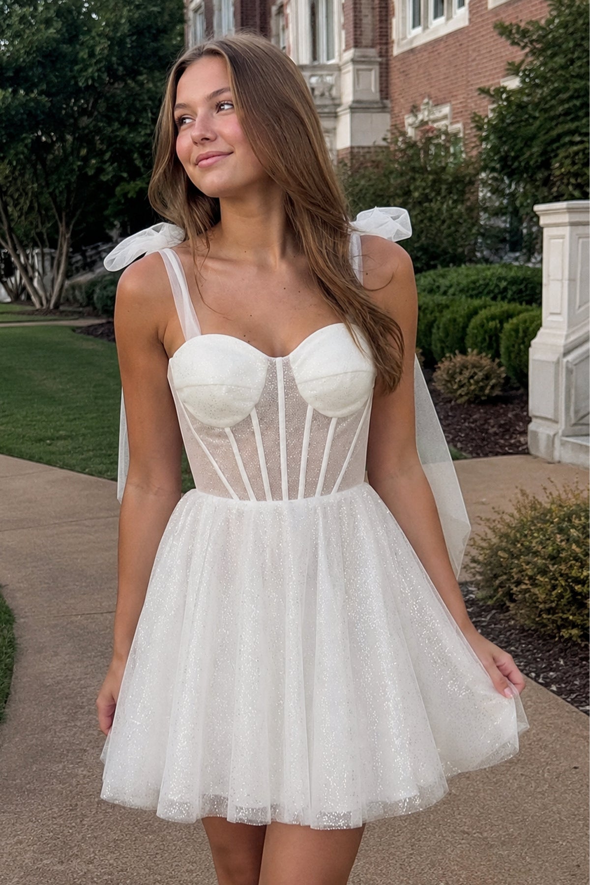 KissProm Tie Shoulder White Spraying A-Line Short Party Dress, Ivory / 0