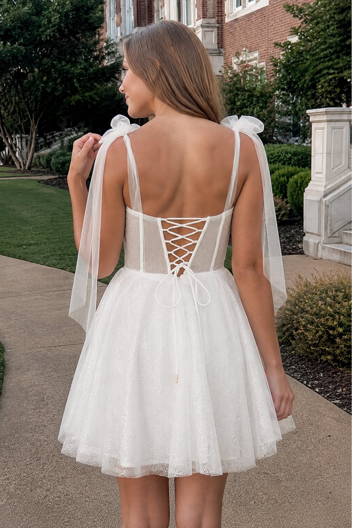 KissProm Tie Shoulder White Spraying A-Line Short Party Dress, Ivory / 0