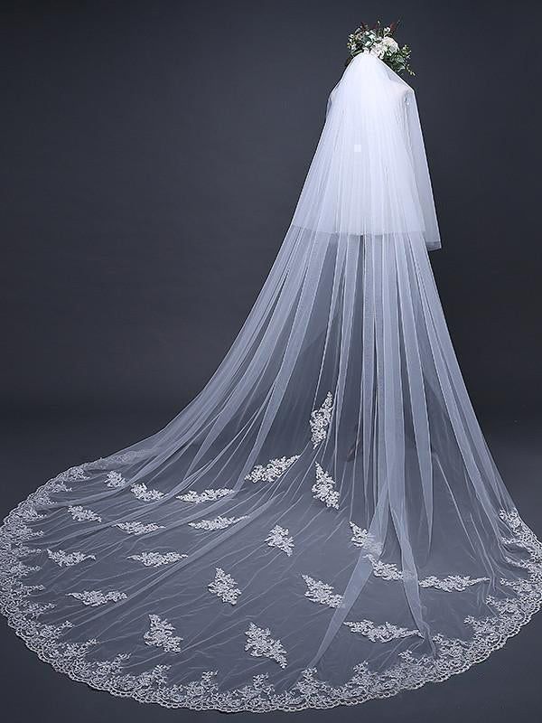 Ivory Tulle & Lace Cathedral Veil Blusher Veil - KissProm