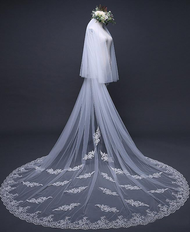Ivory Tulle & Lace Cathedral Veil Blusher Veil - KissProm