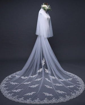 Ivory Tulle & Lace Cathedral Veil Blusher Veil - KissProm