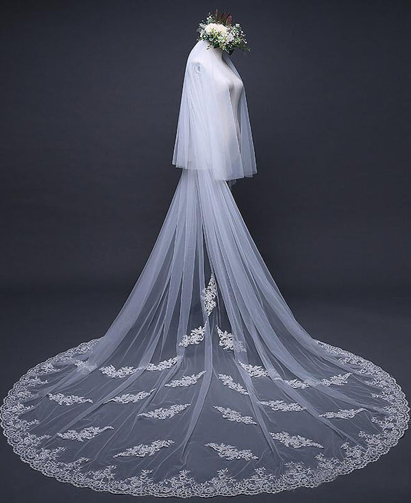 Ivory Tulle & Lace Cathedral Veil Blusher Veil - KissProm