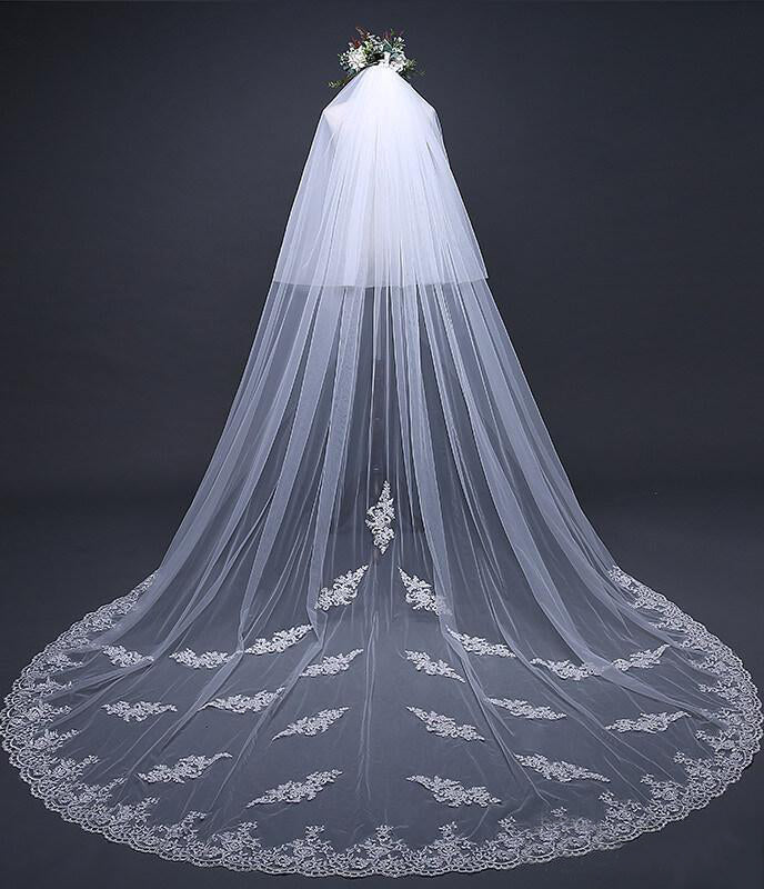 Ivory Tulle & Lace Cathedral Veil Blusher Veil - KissProm