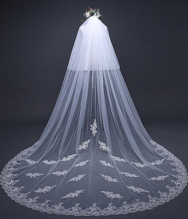 Ivory Tulle & Lace Cathedral Veil Blusher Veil - KissProm