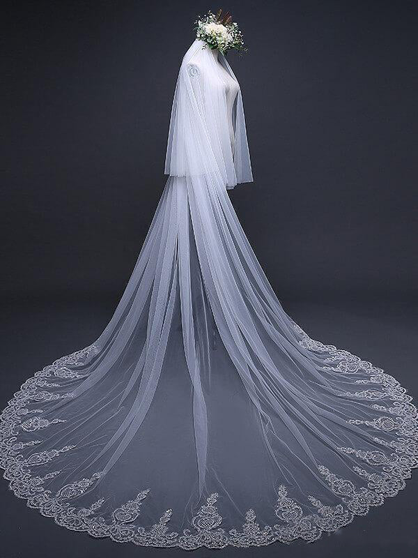 Ivory Tulle Lace Cathedral Veils with Blusher Drop Veil - KissProm