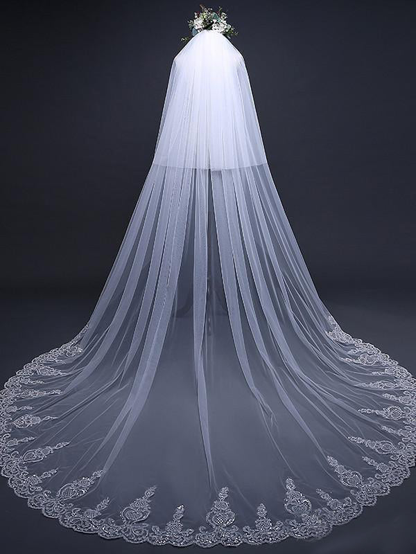 Ivory Tulle Lace Cathedral Veils with Blusher Drop Veil - KissProm
