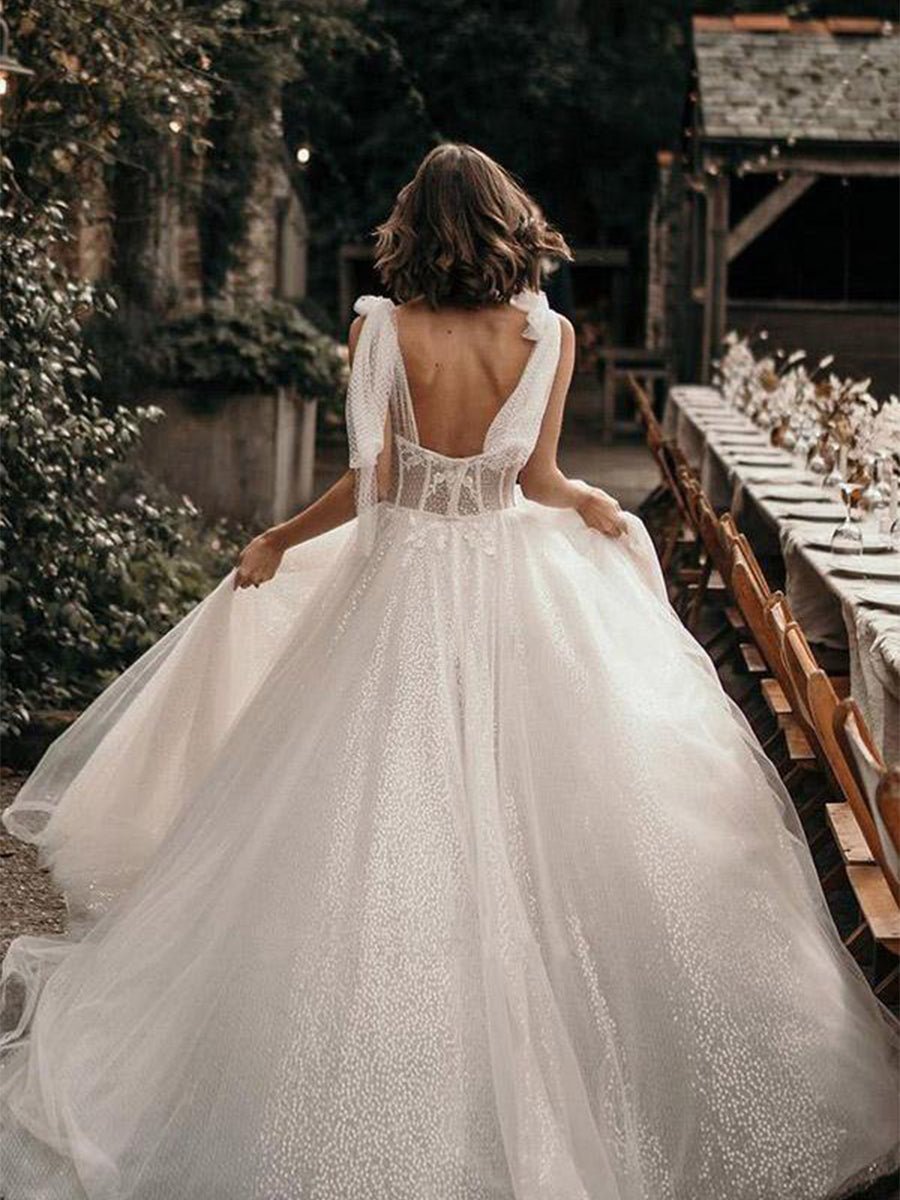 Luna | Ivory Straps A Line With Sequins Sleeveless Wedding Dresses - KissProm