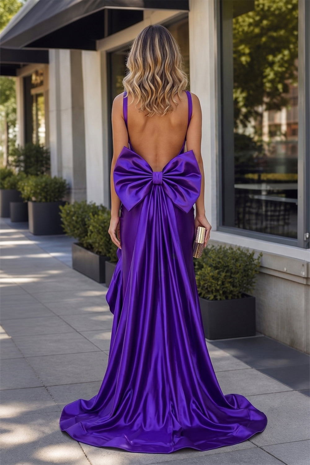 Ivyra | Purple - V Neck Mermaid Satin Long Prom Dresses With Bow - KissProm