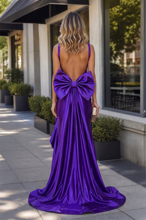 Ivyra | Purple - V Neck Mermaid Satin Long Prom Dresses With Bow - KissProm