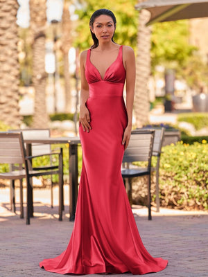 Ixia | V Neck Pink Satin Mermaid Sleeveless Long Prom Dress
