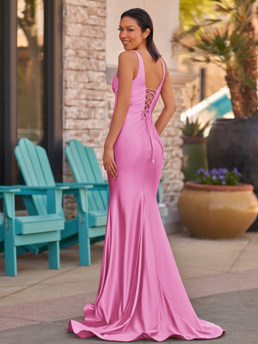 Ixia | V Neck Pink Satin Mermaid Sleeveless Long Prom Dress