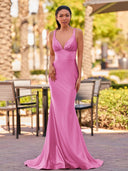 Ixia | V Neck Pink Satin Mermaid Sleeveless Long Prom Dress