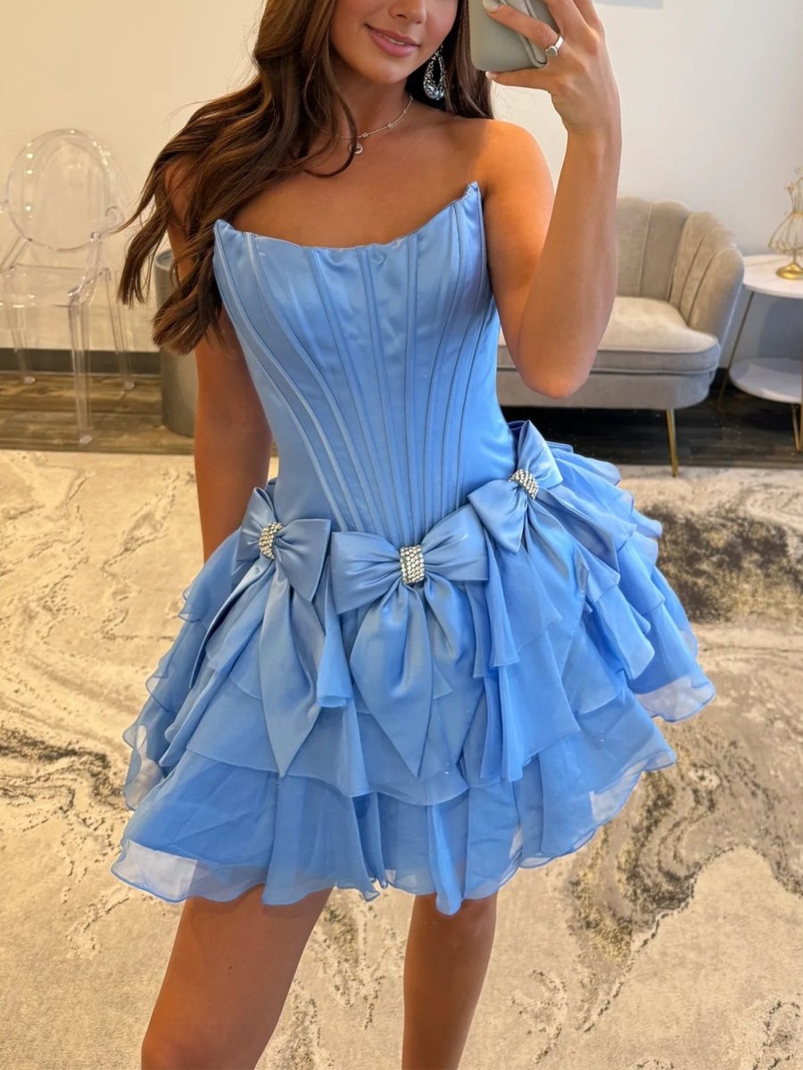 Izara | Periwinkle - A Line Scoop Neck Ruffles Corset Homecoming Dresses with Bows