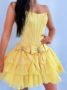 Izara | Yellow - A Line Scoop Neck Ruffles Corset Homecoming Dresses with Bows