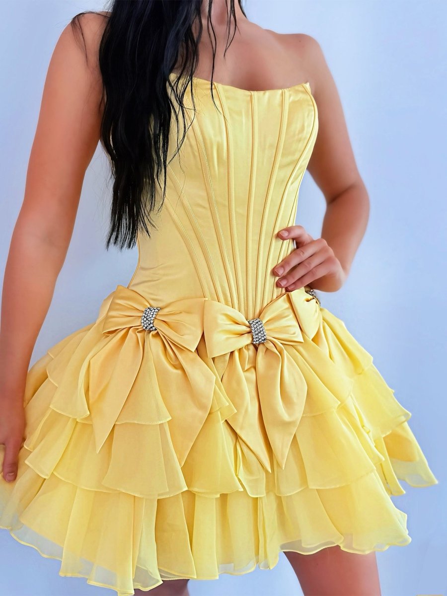 homecoming dresses yellow Periwinkle A Line Scoop Neck Ruffles Corset Homecoming Dresses with Bows, Yellow / 16