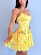 Izara | Yellow - A Line Scoop Neck Ruffles Corset Homecoming Dresses with Bows