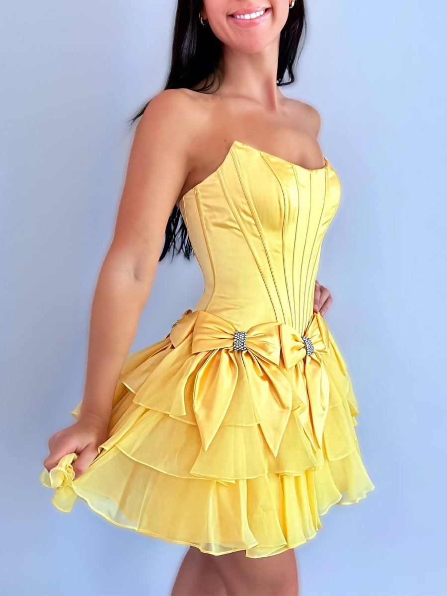 Izara | Yellow - A Line Scoop Neck Ruffles Corset Homecoming Dresses with Bows