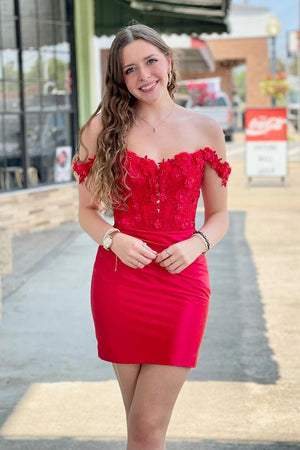 Jacey | Off the Shoulder Black Ruched Homecoming Dress with 3D Flowers