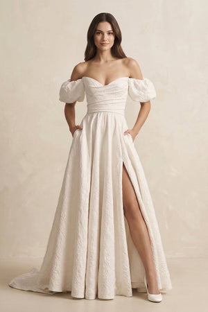 Jacquard A - Line Off - the - Shoulder Wedding Dress in Ivory - KissProm Wedding Dresses