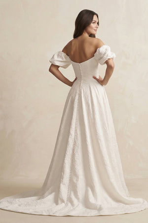 Jacquard A - Line Off - the - Shoulder Wedding Dress in Ivory - KissProm Wedding Dresses