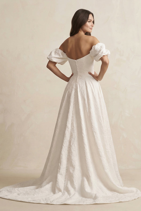 Jacquard A - Line Off - the - Shoulder Wedding Dress in Ivory - KissProm Wedding Dresses