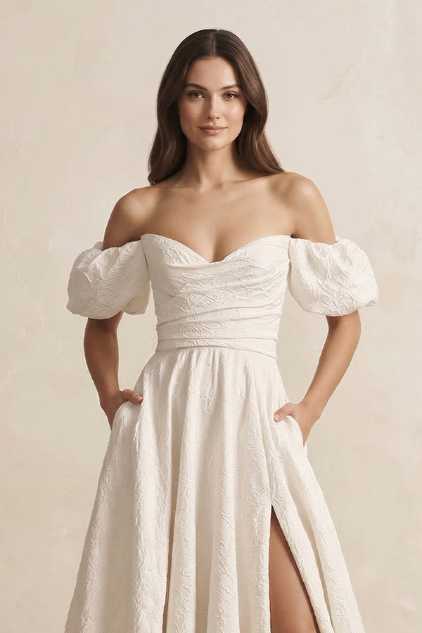 Jacquard A - Line Off - the - Shoulder Wedding Dress in Ivory - KissProm Wedding Dresses