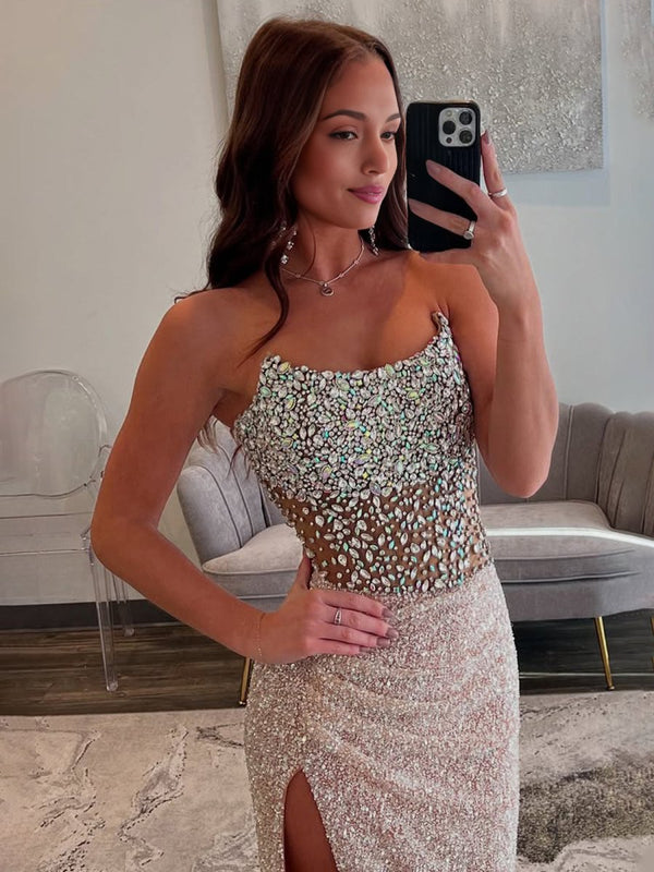 Jacqueline | Mermaid Champagne Strapless Sequins Long Prom Dresses with Slit