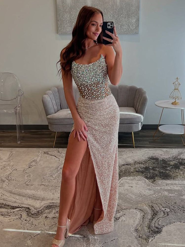 KissProm Mermaid Champagne Strapless Sequins Long Prom Dresses with Slit, Champagne / 18