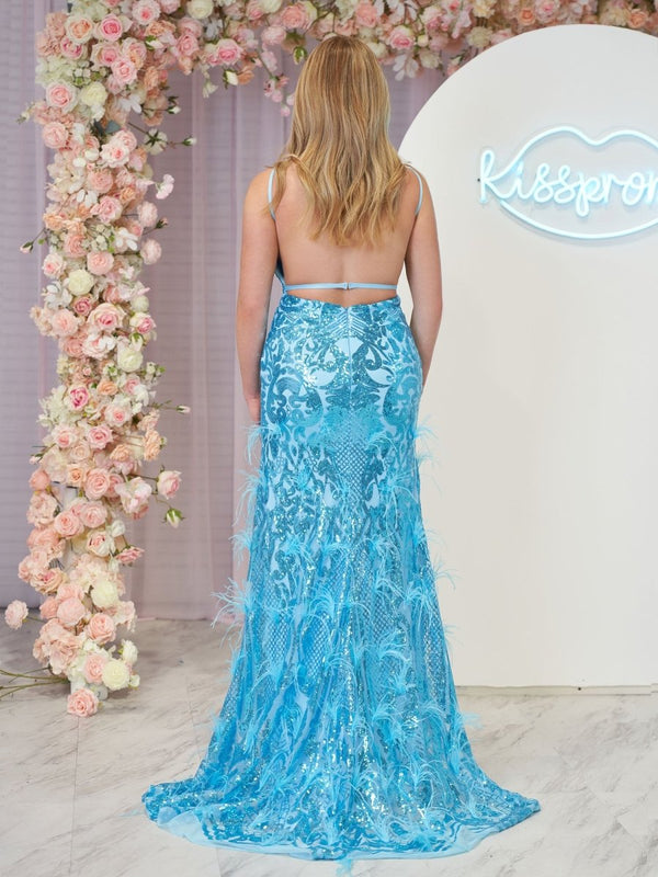 Jade Sequin Lace Spaghetti Straps Mermaid Prom Dresses with Slit - KissProm