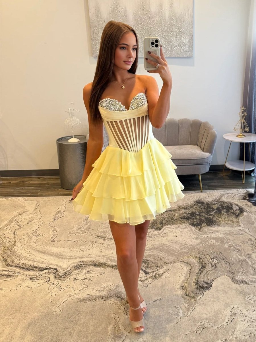 Yellow - A Line Sweetheart Chiffon Ruffles Corset Homecoming Dresses with Beads Yellow / 6 Yellow - A Line Sweetheart Chiffon Ruffles Corset Homecoming Dresses with Beads Yellow / 6