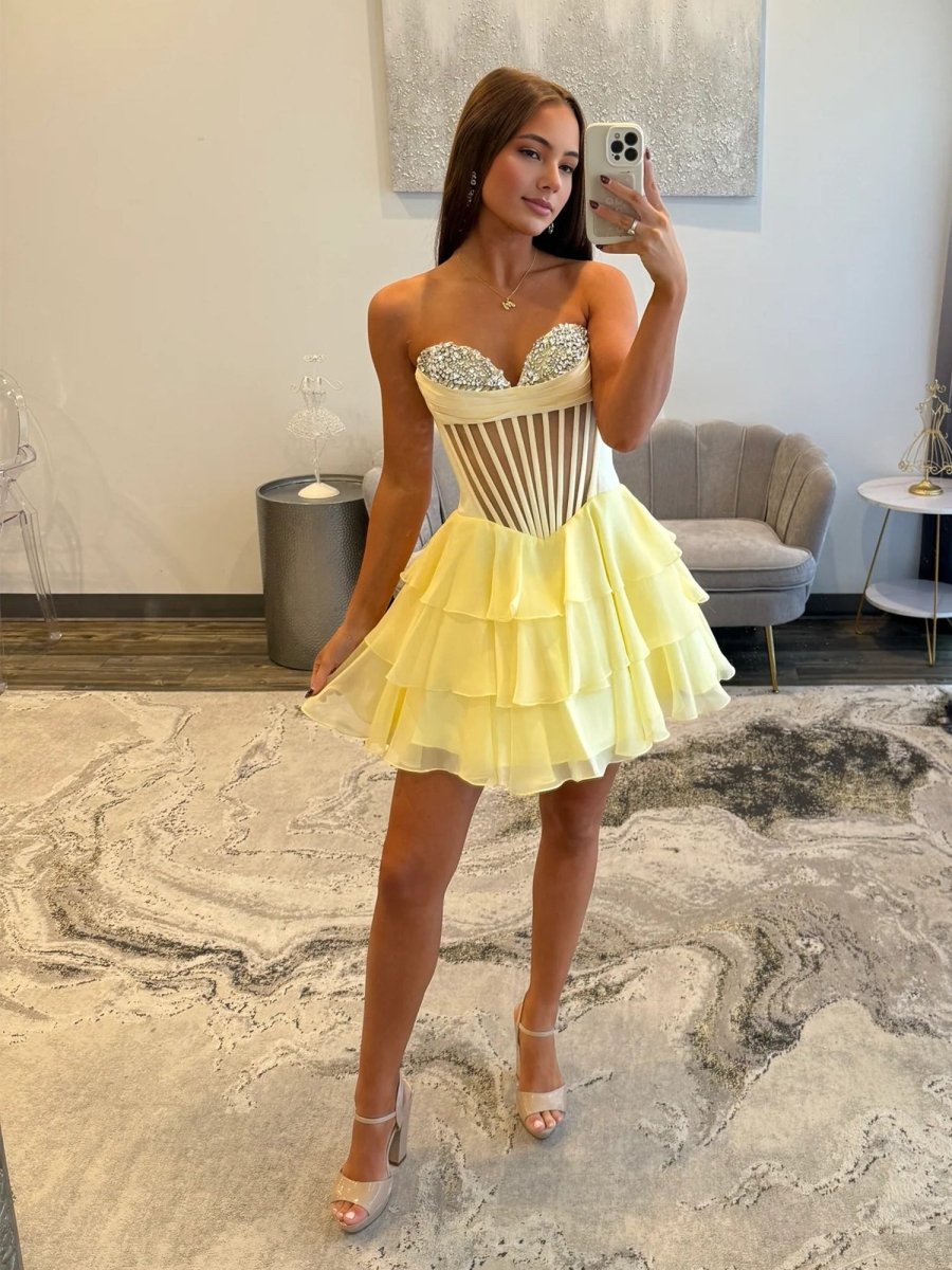 Yellow - A Line Sweetheart Chiffon Ruffles Corset Homecoming Dresses with Beads Yellow / 6 Yellow - A Line Sweetheart Chiffon Ruffles Corset Homecoming Dresses with Beads Yellow / 6